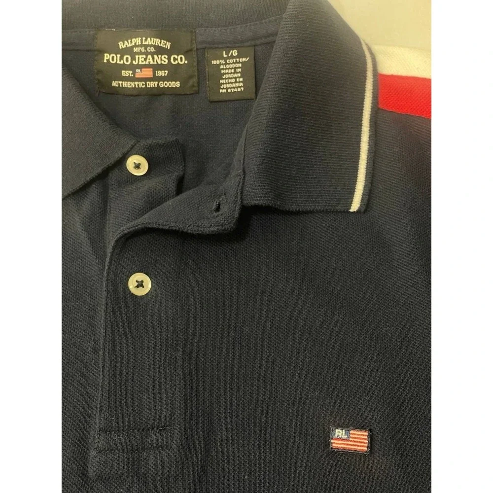 VTG Men's Polo Jeans‎ Co. Ralph Lauren Navy Polo Shirt Shoulder Racing Stripes L